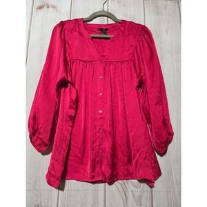 HM Womens Pink Satin Button Down Blouse V-Neck Long Sleeve Top Size 12 Preppy